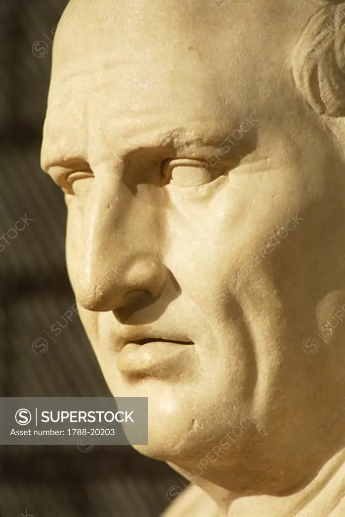 Close up of marble face of Marcus Tullius Cicero , Roman civilization, 1st century b.c.- 1st century a.d.