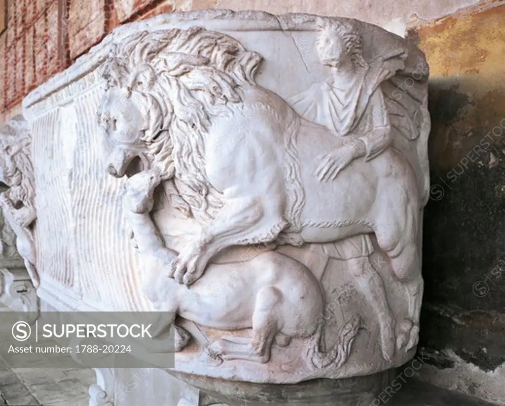 Oval, tub-shaped sarcophagus with male figure and lion with prey, Roman civilization, 3rd century a.d.