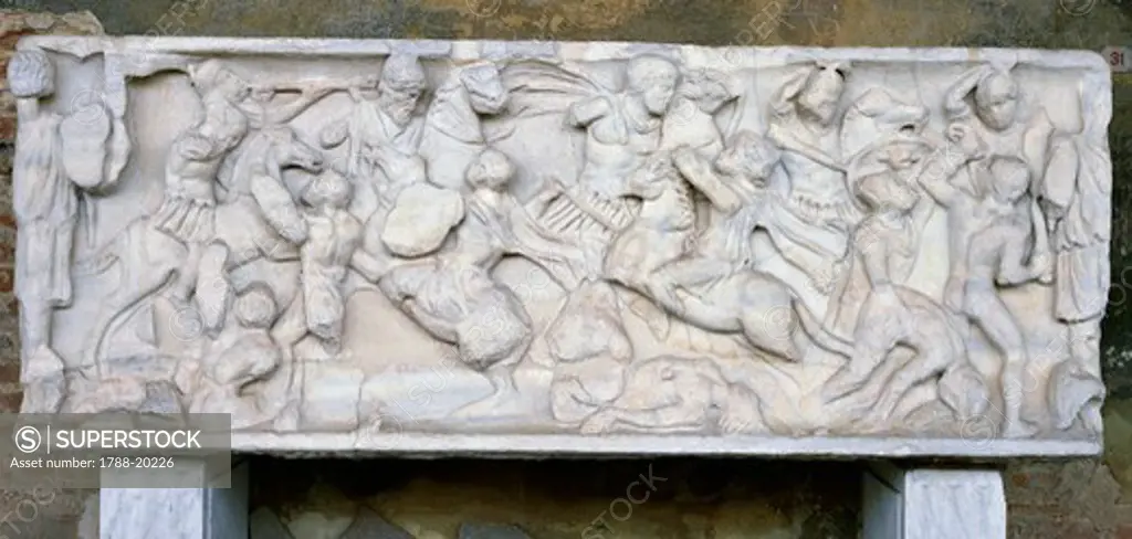 Rectangular sarcophagus with battle between Romans and Barbarians, Roman civilization, late 2nd century a.d.