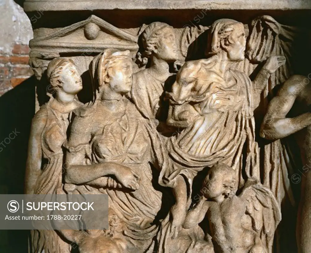Close up of sarcophagus with myth of Phaedra and Hippolytus, Roman civilization, late 2nd century a.d.