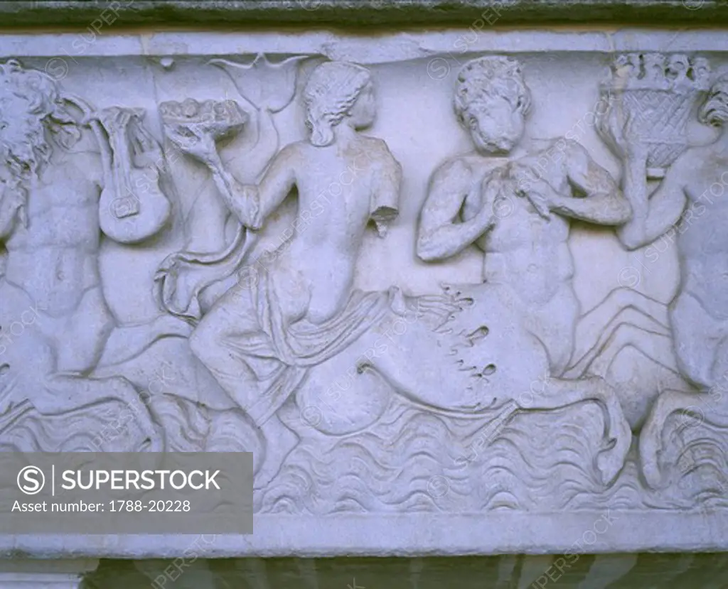 Close up of sarcophagus with retinue of sea-deities, Roman civilization, 2nd century a.d.