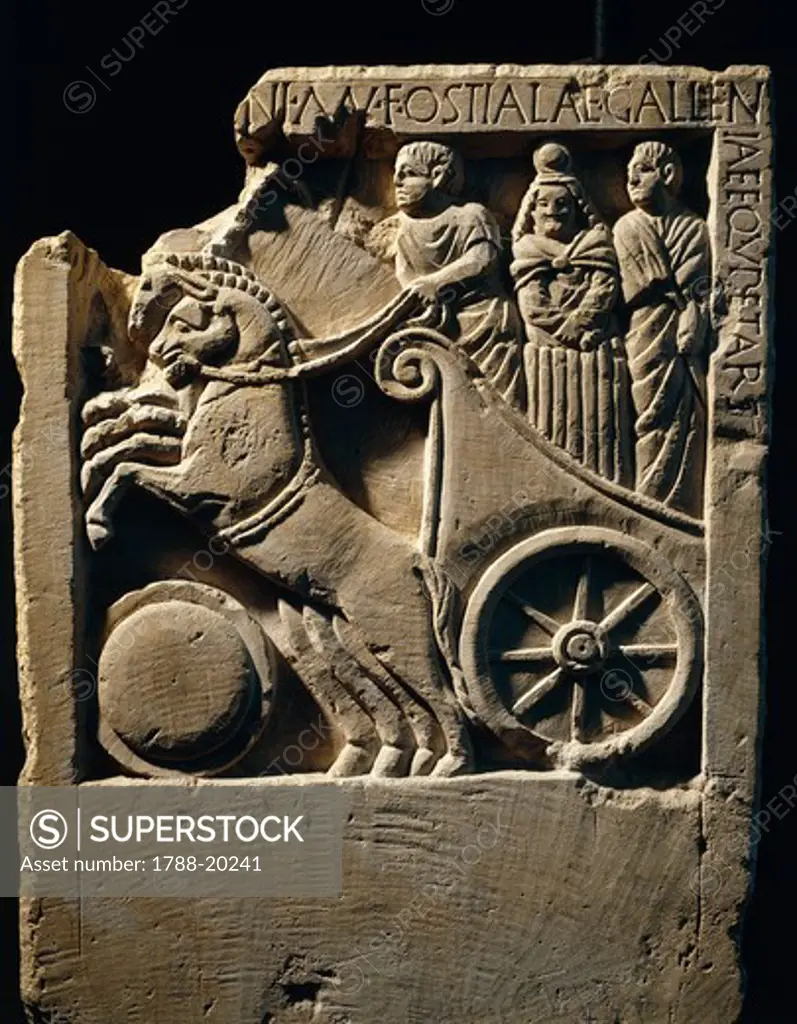 Roman civilization. Funerary stele of Ostilia Galliena. Relief depicting the journey to the underworld