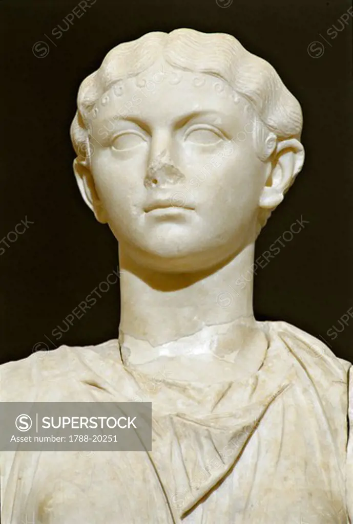 Roman civilization,Marble statue of female figure (possibly Julia Livilla, daughter of Germanicus and Agrippina the Elder from Roselle, Augusteum, Tuscany region, Italy, detail, 1st century a.d.