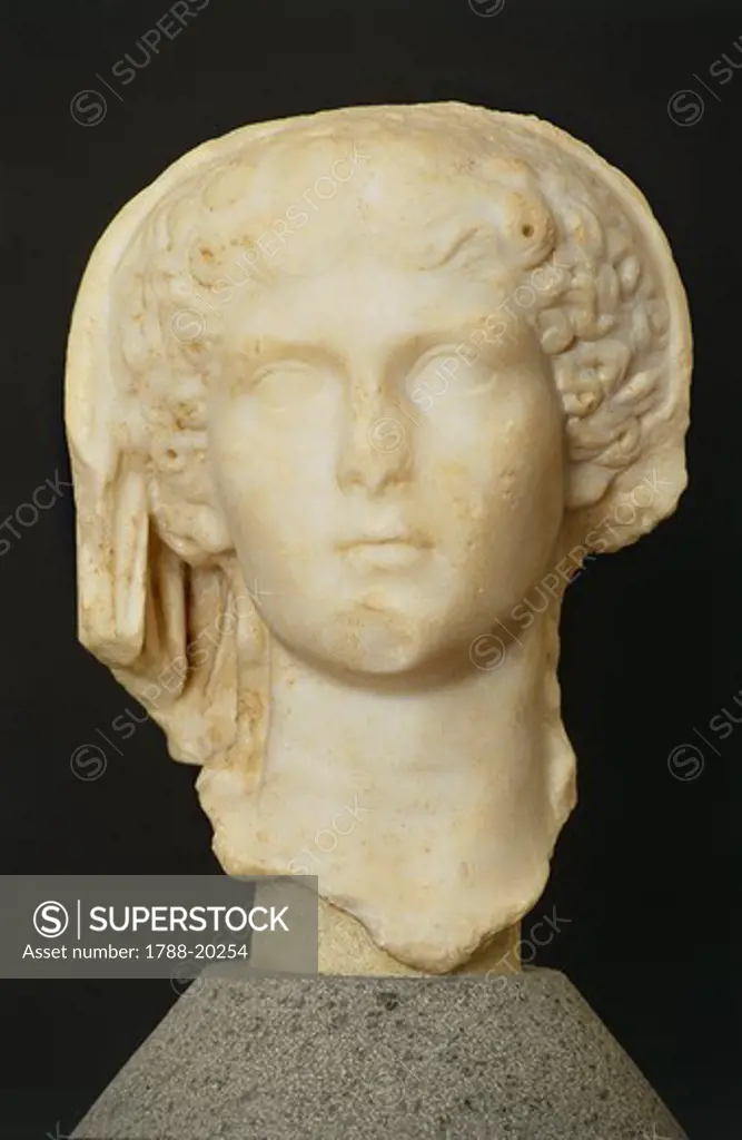 Roman civilization, Marble head of Agrippina the Elder, From Roselle, Domus of the Mosaics, Tuscany region, Italy, 50 a.d.