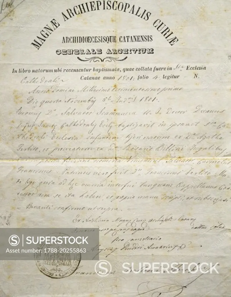 Baptism certificate of Vincenzo Bellini (1801-1835), drawn up by the curia (church officials) of Catania, Italy, November 4, 1801.