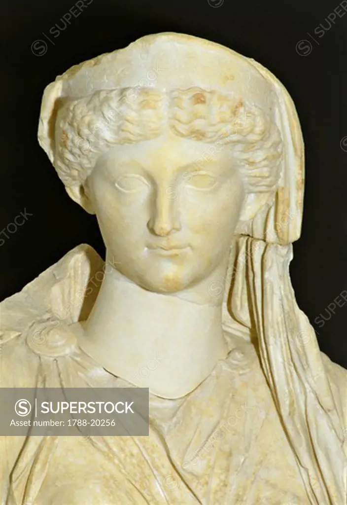 Roman civilization, Marble statue of seated Livia portrayed as Ceres from Roselle, Augusteum, Tuscany region, Italy, detail, 1st century a.d.