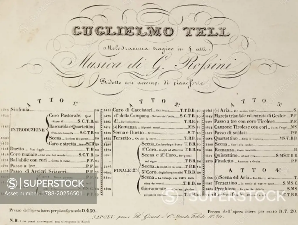 Title page of the sheet music for Guglielmo Tell (William Tell), 1828, opera by Gioachino Rossini (1792-1868).