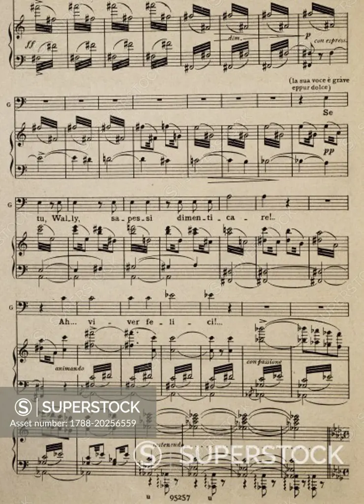 Sheet music of a page from act I of La Wally, opera by Alfredo Catalani (1854-1893).