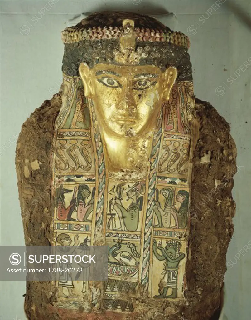 Egyptian civilization, Mummy of a man with a painted mask. From Egypt, Bahariya Oasis, Valley of the Golden Mummies. Tomb 54, 1st-2nd century a.d.