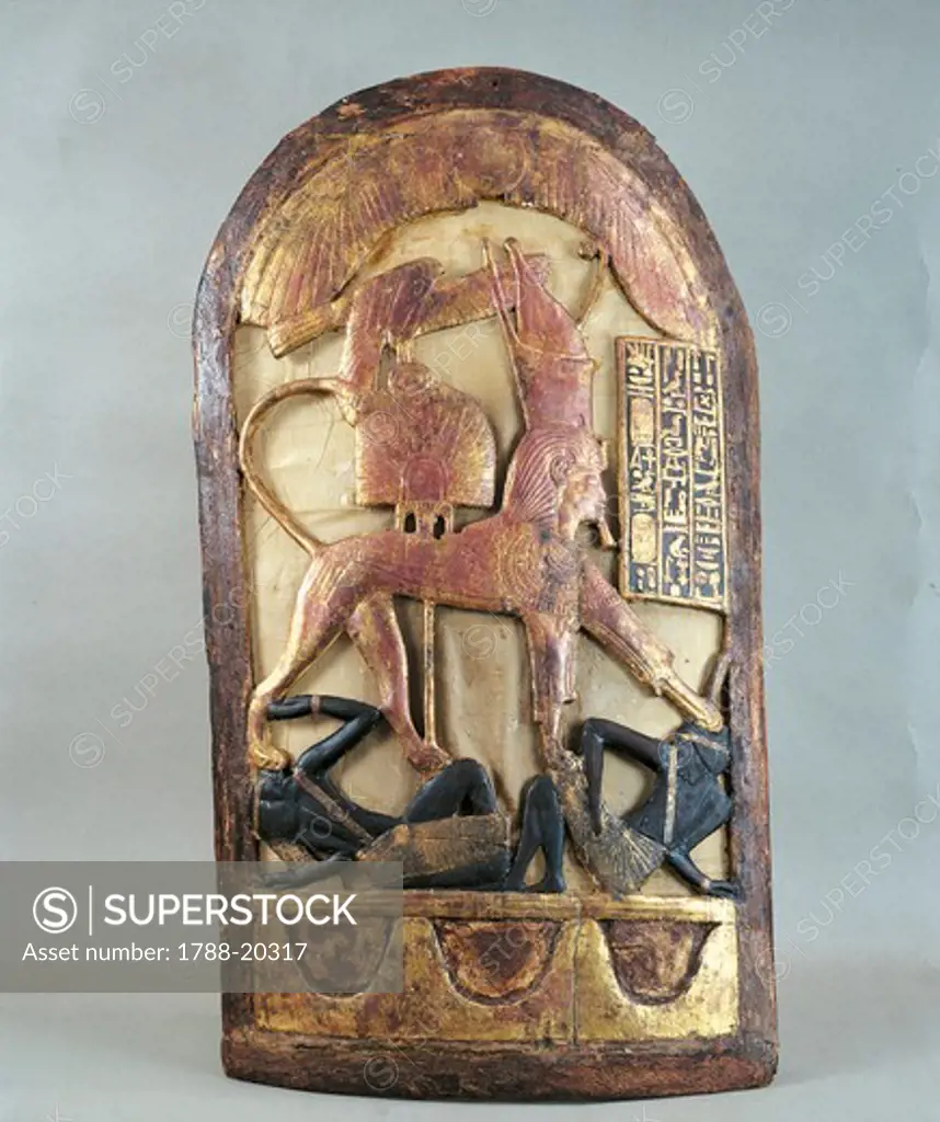 Ceremonial shield with sphinx stepping on enemies, from Treasure of Tutankhamen