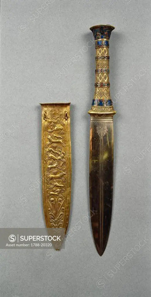 Dagger of the king containing semi-precious stones, decorated with hunting scene, from Treasure of Tutankhamen