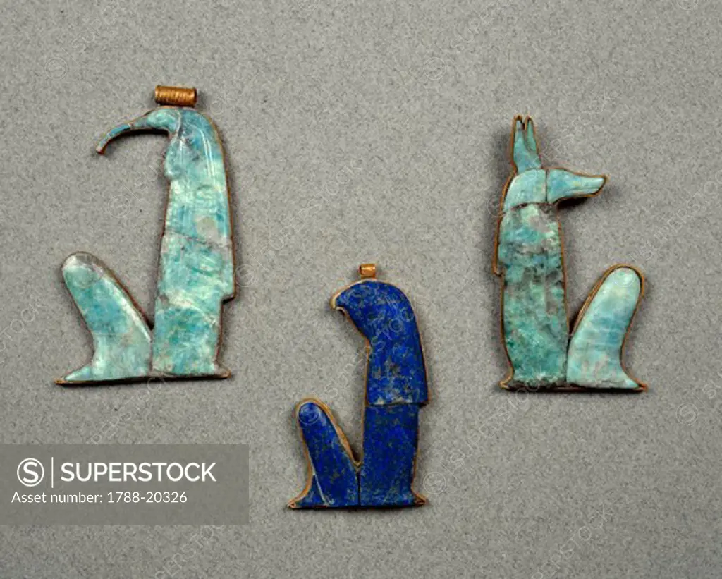 Amulets made of gold, lapislazuli and semi-precious stones with vulture, falcon and jackal heads, from Treasure of Tutankhamen