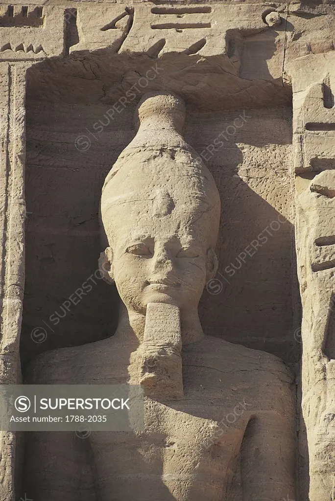 Egypt. Nubian monuments at Abu Simbel (UNESCO World Heritage List, 1979). Statuary at dedicated to goddess Hathor Temple of Nefertari