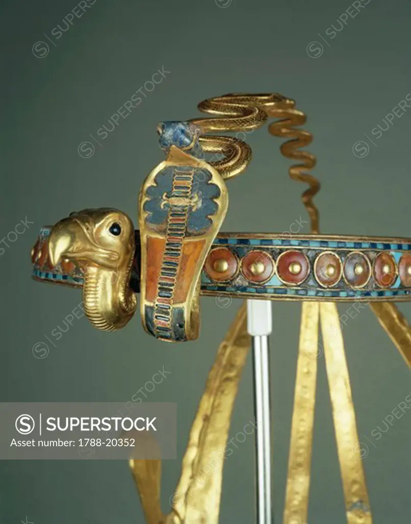Treasure of Tutankhamen, royal diadem made of gold, precious stones and vitreous pastes, with Nekhbet (vulture) and Uadjet (cobra) on the forehead, deities of Upper and Lower Egypt from New Kingdom