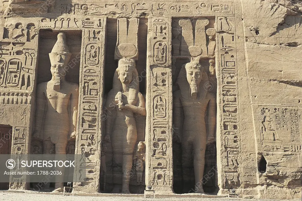 Egypt. Nubian monuments at Abu Simbel (UNESCO World Heritage List, 1979). Dedicated to goddess Hathor Temple of Nefertari