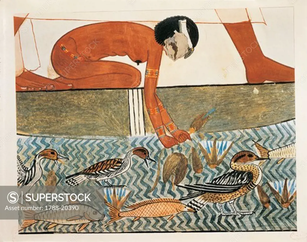 Plate, hunting and fishing in the marsh. Replica of fresco from Thebes, Tomb of Menna by Nina M. Davies (1881-1965) from ""Ancient Egyptian Painting"", Chicago, 1936