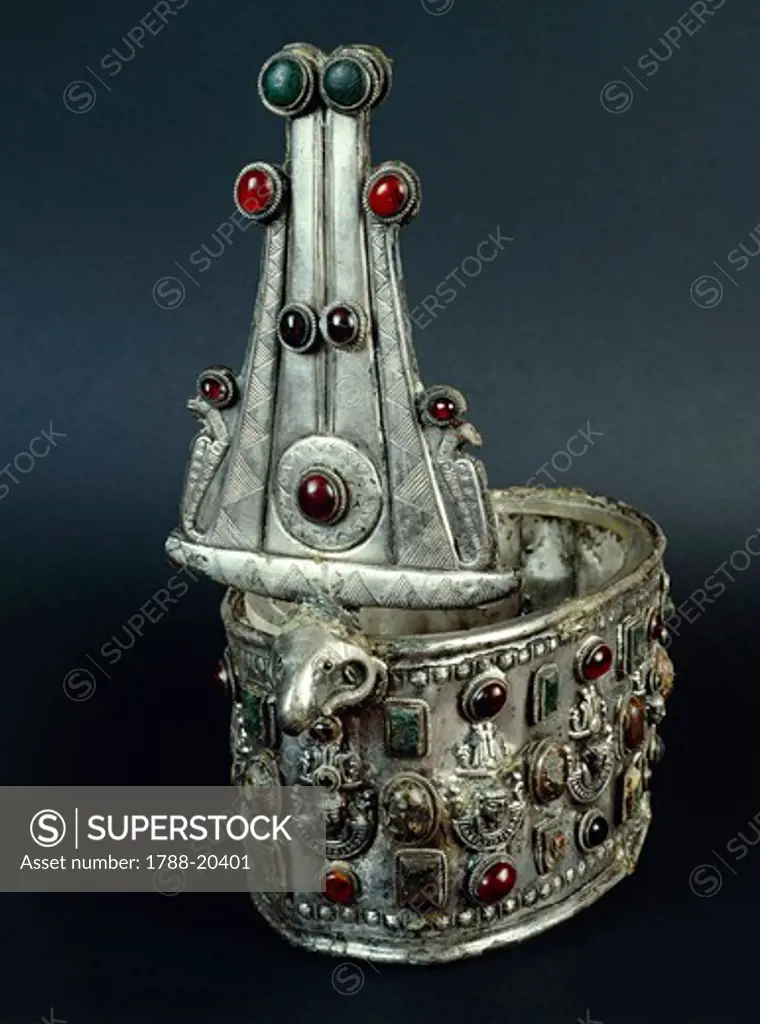 Nubia, tomb, royal crown from Ballana made of silver with inlaid jewels