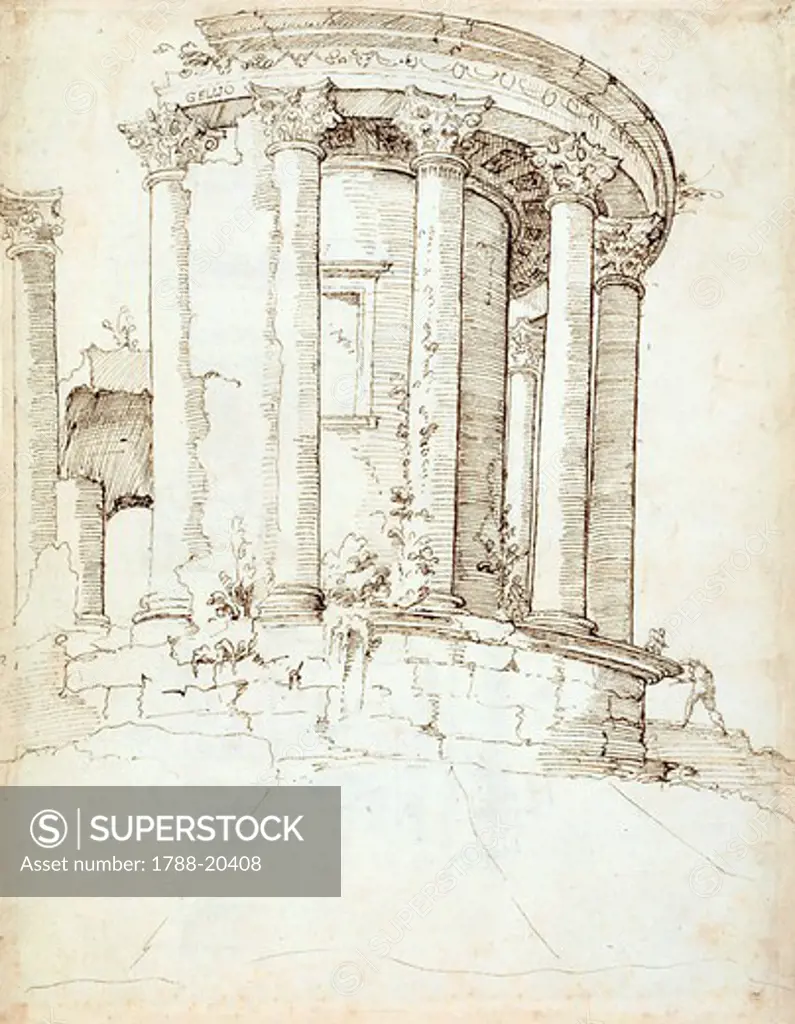 Temple of Vesta at Tivoli by Ludovico degli Uberti, 1472 from Maerten van Heemskerck (1498-1574) Album with drawings of Roman antiquities, engraving