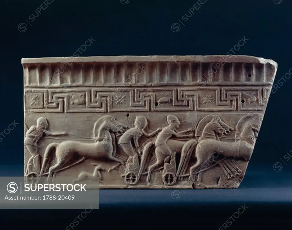 Terracotta slab from sima (gutter) with relief depicting a chariot race from Borgia Collection, Velletri, 540-520 b.c.