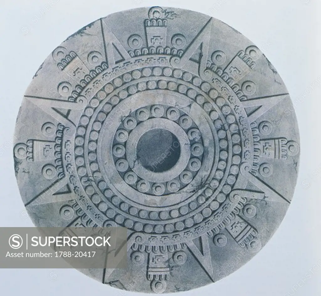 Tizoc sacrificial stone (Cuauhxicalli) depicting the movement of the stars from the Palace of the Eagle-Warriors, Templo Mayor, Tenochtitlan (16th century) by Carlos Nevel, drawing, 1838.