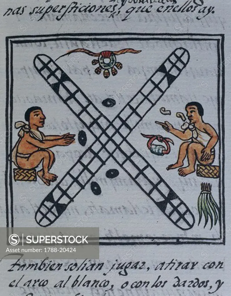 A game with rings by Fra Bernardino de Sahagun from The Code of Florence ""Historia general de las cosas de Nueva Espana"" in Spanish and Nahuatl, facsimile