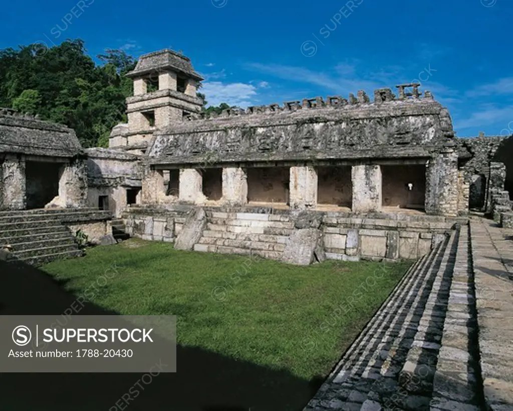 Mexico, Chiapas, Palenque, ancient city founded in 642. The Palace, the east court and the square tower