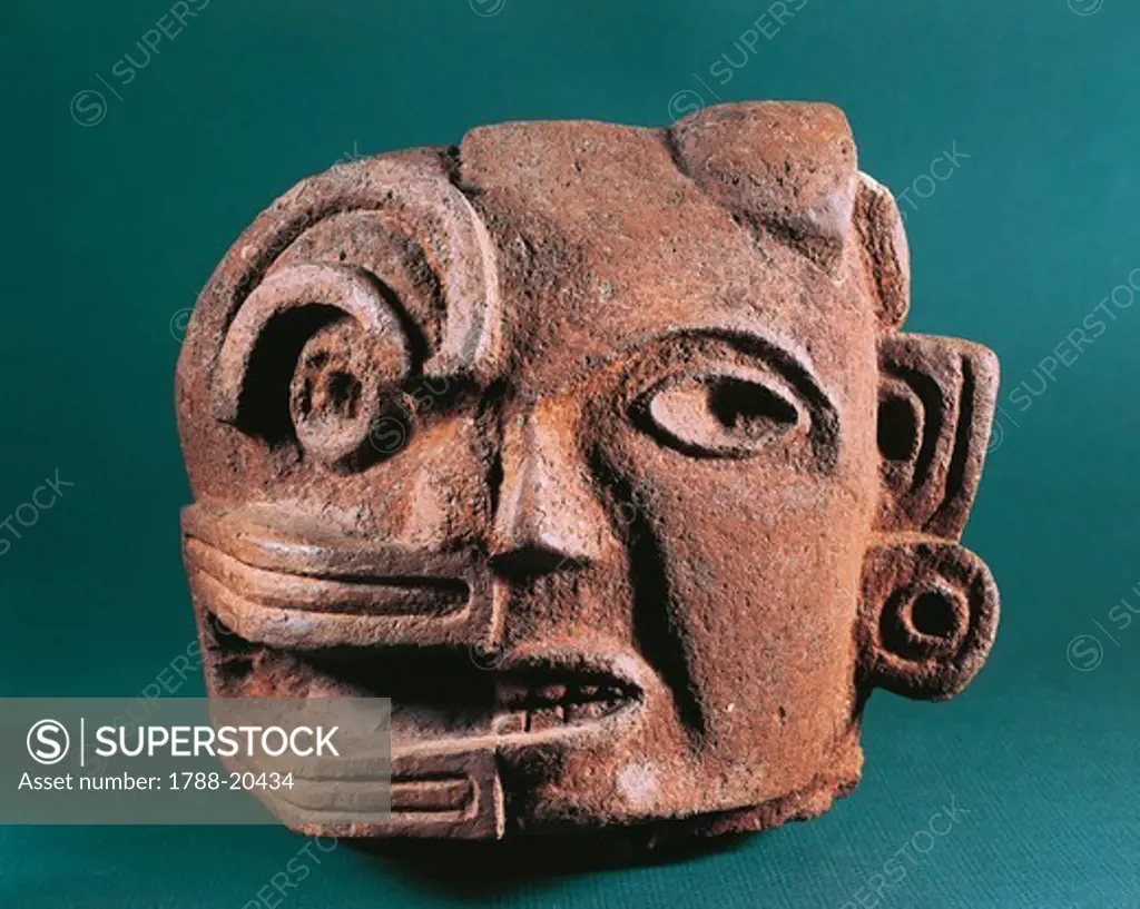 Zapotec civilization, Classic period (200-900). Painted terracotta head, representing duality of life and death from the Central Valleys