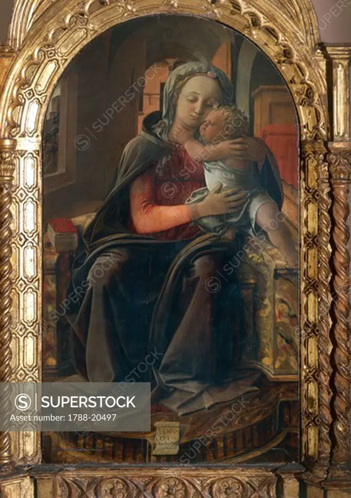 Italy, Rome, Tempera on panel painting of Madonna and Child Enthroned