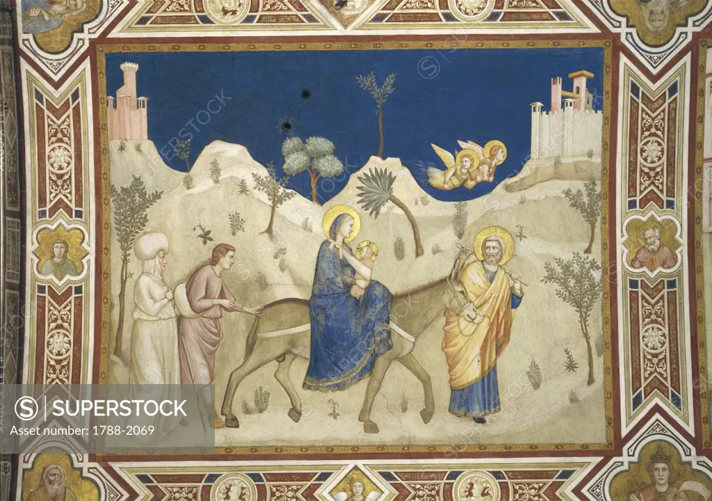 Italy - Umbria region - Assisi. Basilica of St. Francis of Assisi, 13th century (UNESCO World Heritage List, 2000). Lower Basilica, right transept. School of Giotto (14th century), The flight into Egypt. Fresco
