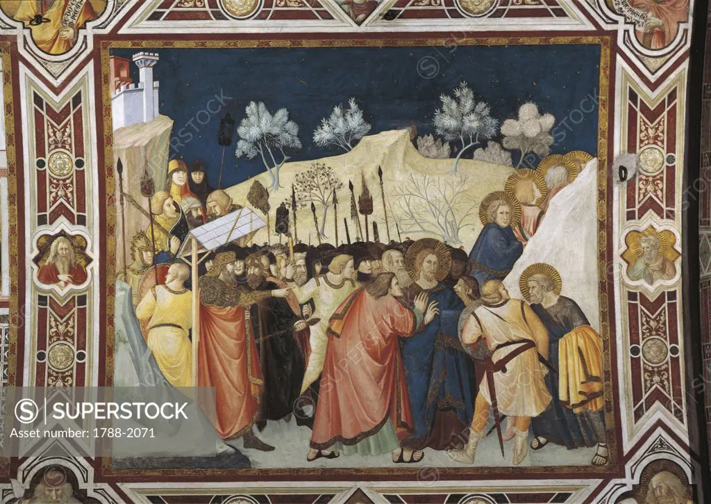 Italy - Umbria Region - Assisi. Basilica of St. Francis of Assisi, 13th century (UNESCO World Heritage List, 2000). Lower Basilica, left transept. Pietro Lorenzetti (c. 1280-1348), The Kiss of Judas. Fresco (1315-1330)