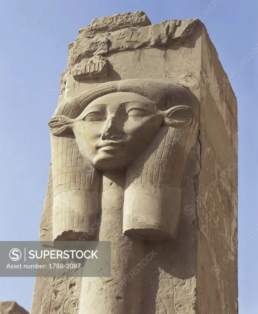 Egypt - Ancient Thebes (UNESCO World Heritage List, 1979). Valley of the Kings. Temple of Hatshepsut at Dayr al-Bahri (Deir el-Bahri). Hathor pillar