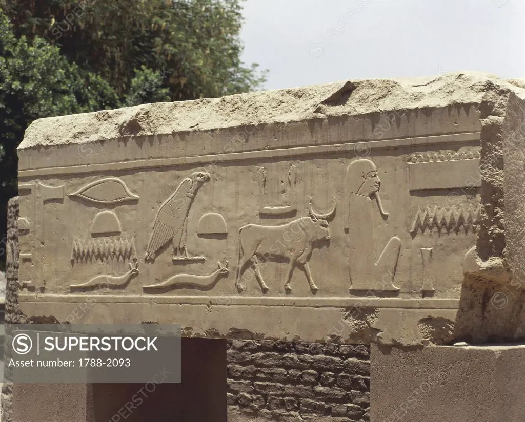 Egypt - Ancient Thebes (UNESCO World Heritage List, 1979). Luxor. Karnak. Great Temple of Amon. Hieroglyphs on architrave