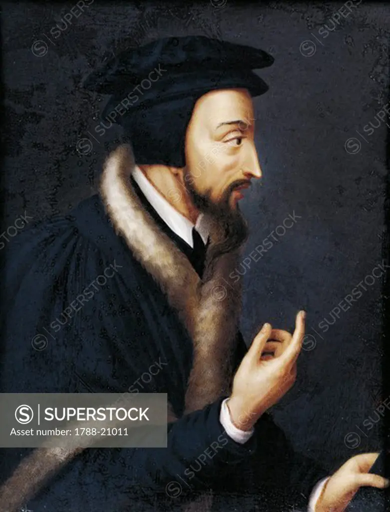 Switzerland, Geneva, Portrait of French theologian and religious reformer, John Calvin (1509 - 1564), Miniature