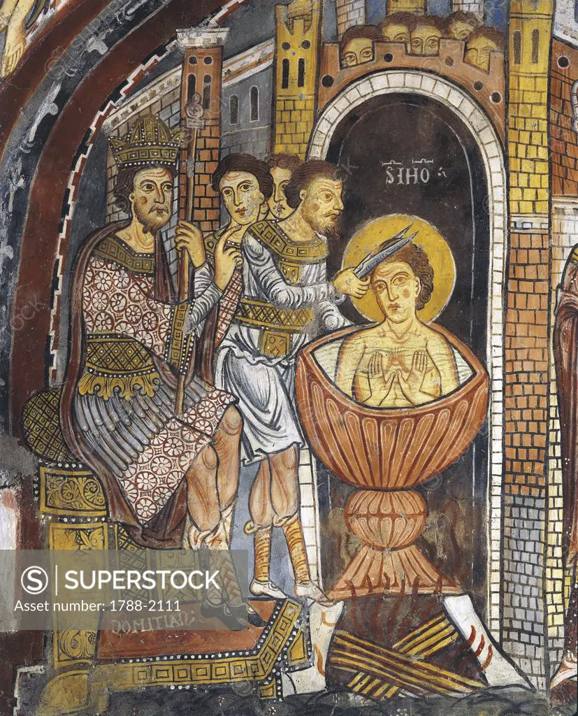 Italy - Latium region - Anagni (Frosinone province). 13th century. Cathedral of of Anagni, dedicated to Santa Maria, crypt. Domitian and St. John the Evangelist cast into a cauldron of boiling oil. Fresco detail