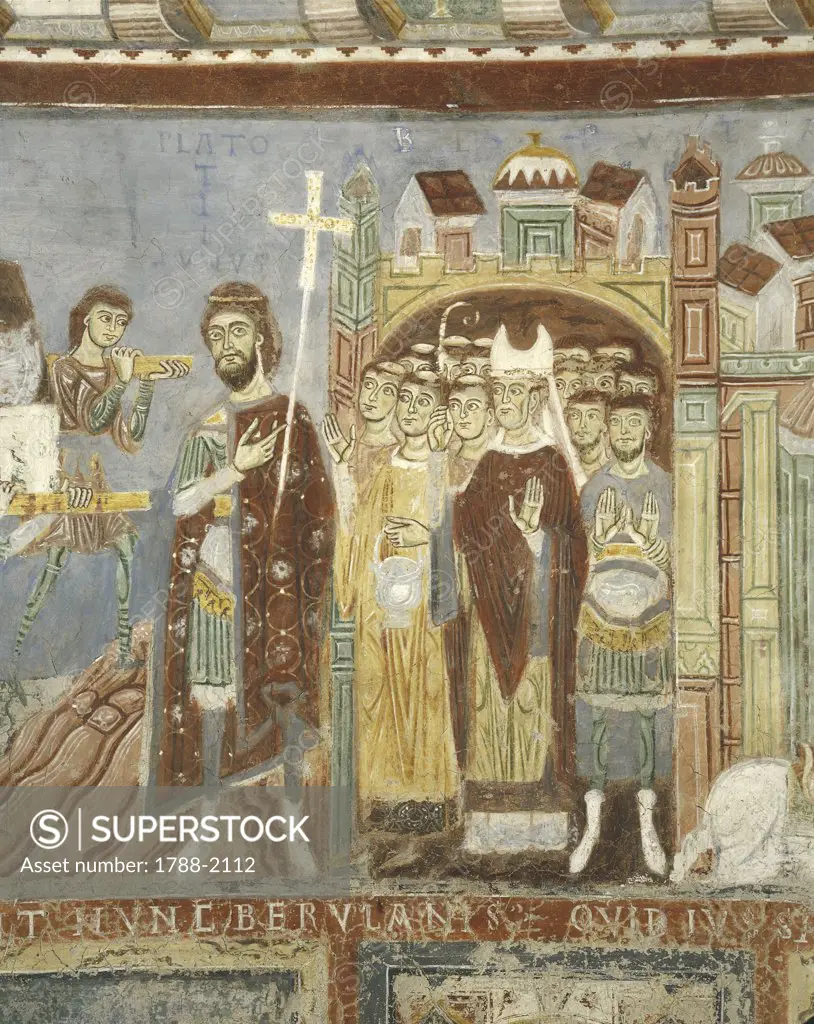 Italy - Latium region - Anagni (Frosinone province). 13th century. Cathedral of Anagni, dedicated to Santa Maria, crypt. The Bishop of Atri, preceded by a crossbearer, waits for the restitution of the remains of St. Magnus stolen by the Saracens. Fresco detail