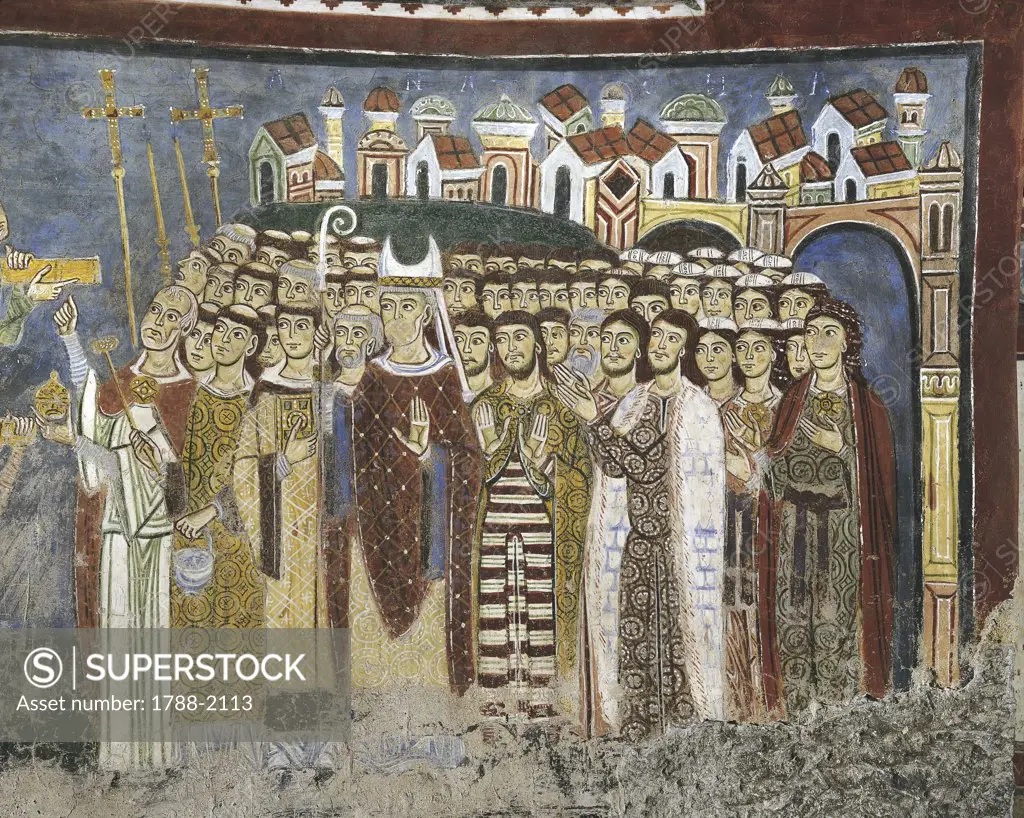 Italy - Latium region - Anagni (Frosinone province). 13th century. Cathedral of Anagni, dedicated to Santa Maria, crypt. Bishop Zaudria and the people of Anagni waiting for the restitution of the remains of St. Magnus. Fresco detail