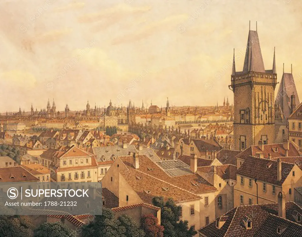 Czech Republic, Prague, watercolor painting of old town