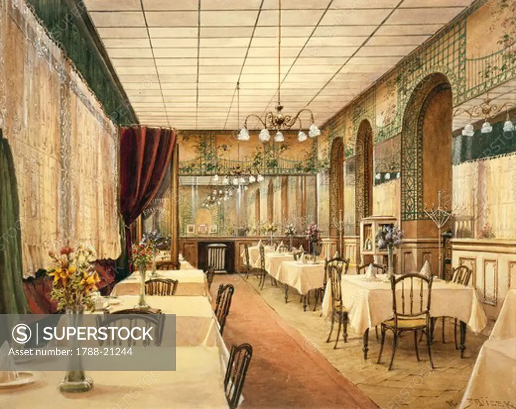 Austria, Vienna, watercolor painting of local restaurant interior