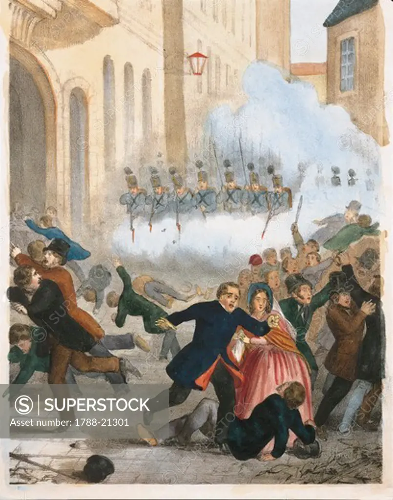 Austria, Vienna, colour lithograph of Insurrection in Vienna on March 13th, 1848