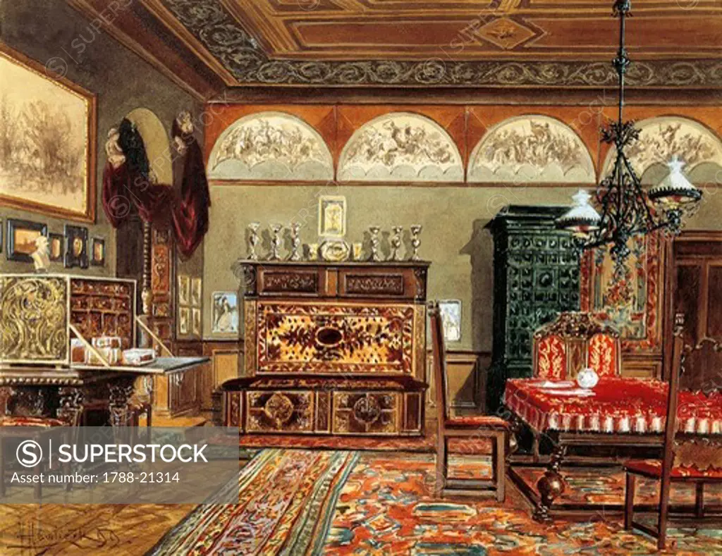 Austria, Vienna, watercolour painting of Biedermeier Room