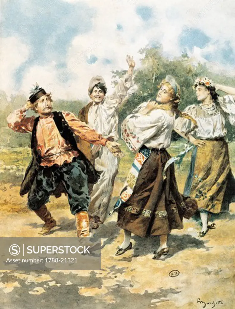 Russia, engraved painting of Ukrainian dance