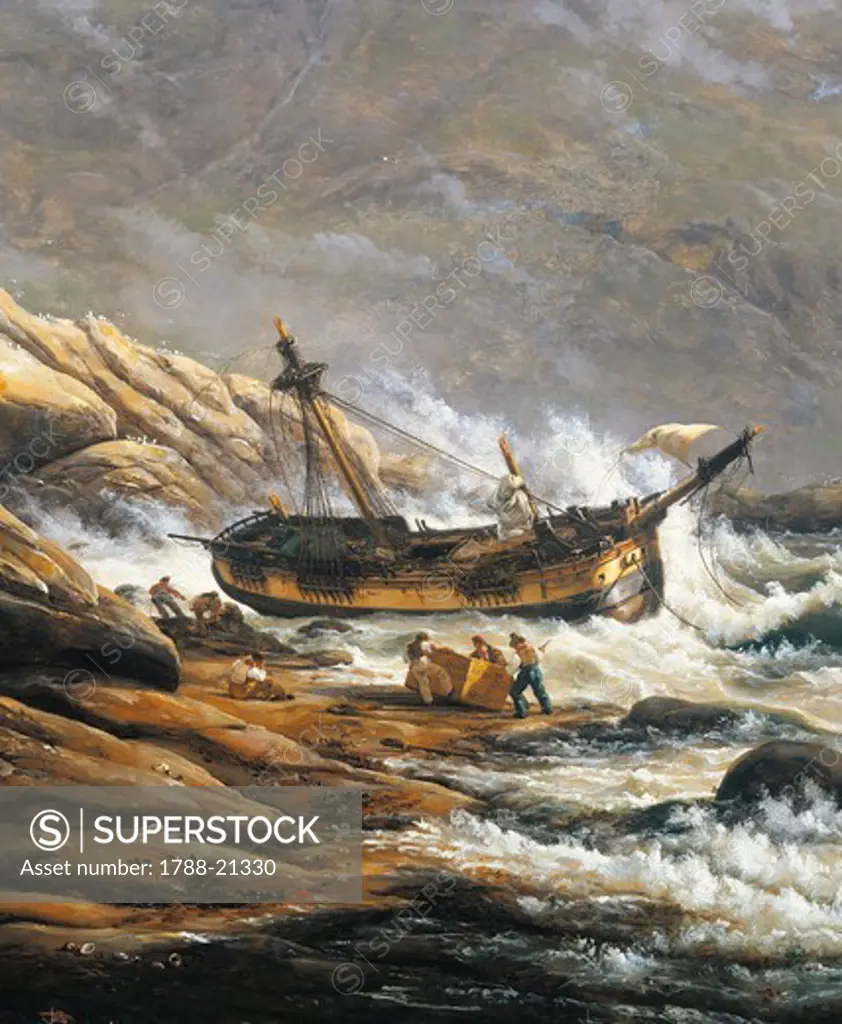 Norway, painting of Shipwreck in a Norwegian fjord