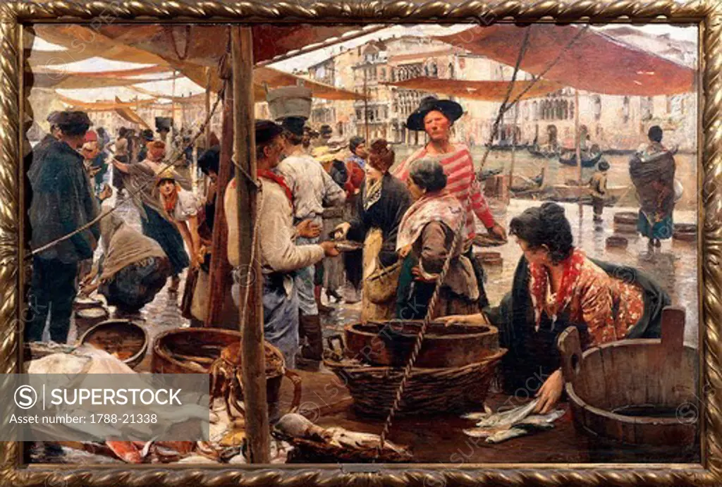 Italy, Venice, oil on canvas painting of the old fish market at the Rialto