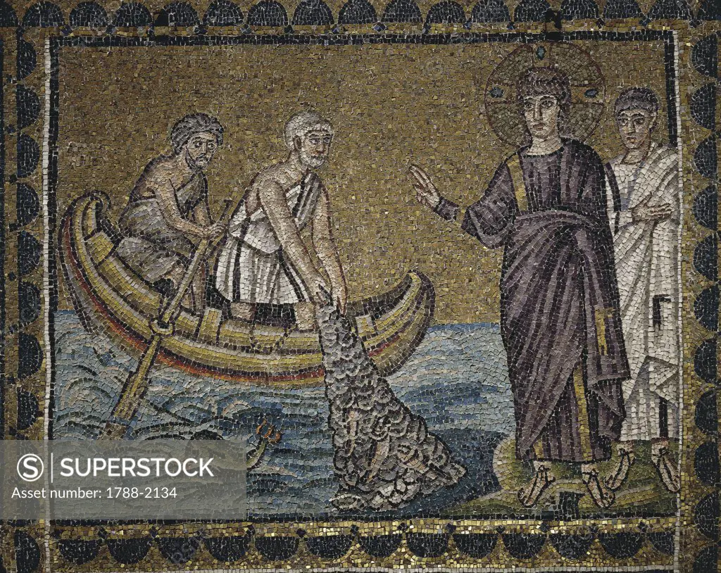 Italy - Emilia-Romagna region - Ravenna. Basilica of St. Apollinare Nuovo (late 5th-early 6th century A.D.). The miraculous catch of 153 fishes. Mosaic