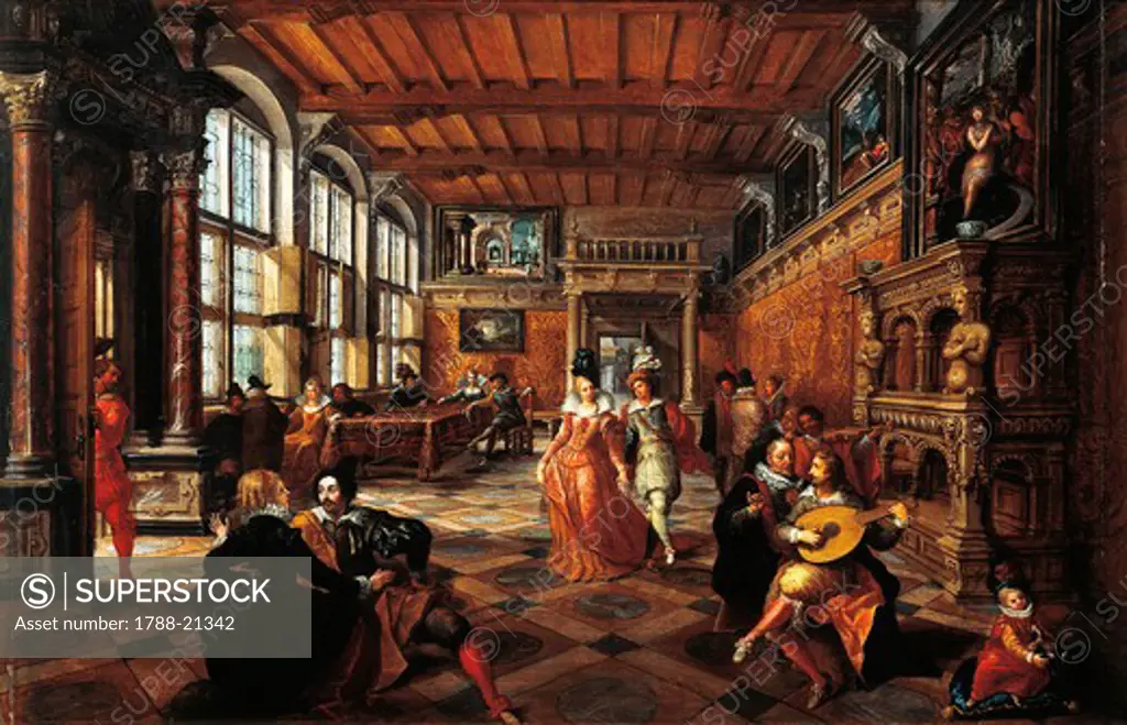 Italy, Turin, painting of a ball in flemish interior