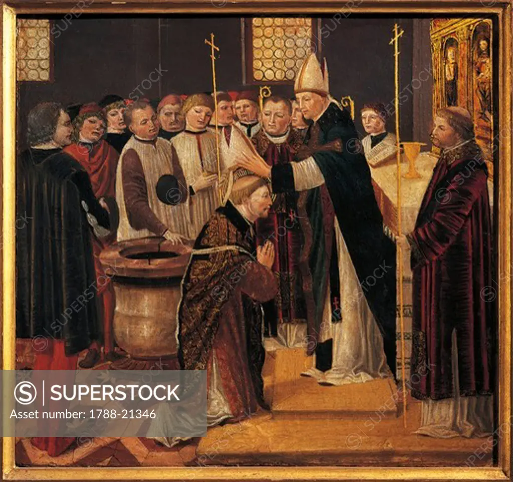 Italy, Certosa di Pavia, painting of Consecration of Saint Augustine, predella of Altar-piece of Saint Augustine