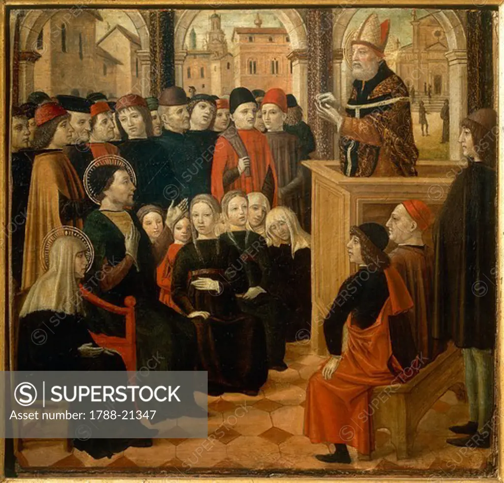 Italy, Certosa di Pavia, painting of A Sermon by Saint Ambrose, predella of Altar-piece of Saint Augustine