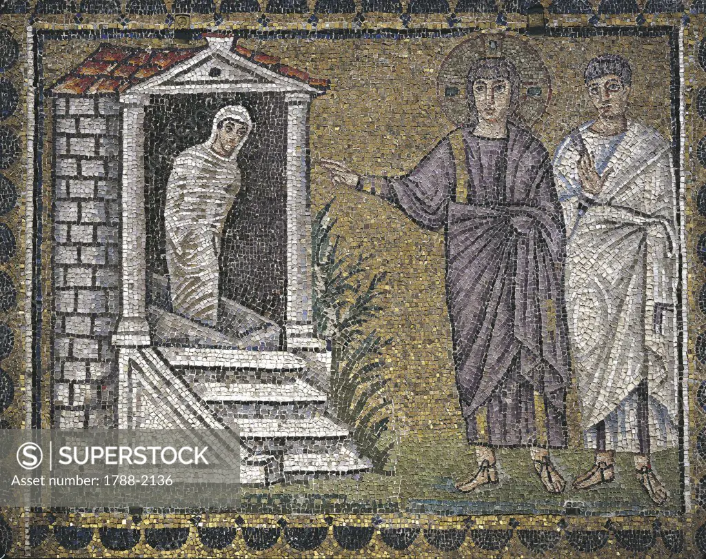 Italy - Emilia-Romagna region - Ravenna. Basilica of St. Apollinare Nuovo (late 5th-early 6th century A.D.). The Raising of Lazarus. Mosaic
