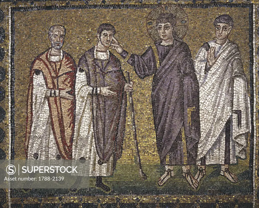 Italy - Emilia-Romagna region - Ravenna. Basilica of St. Apollinare Nuovo (late 5th-early 6th century A.D.). Jesus Healing the blind man of Jericho. Mosaic