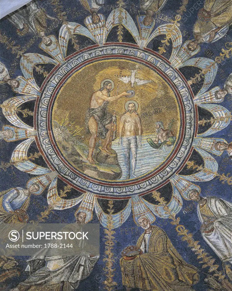Italy - Emilia-Romagna Region - Ravenna. Neonian Baptistry (or Orthodox Baptistry). Dome, the baptism of Jesus and the twelve apostles (second half of the 5th century A.D.). Mosaic